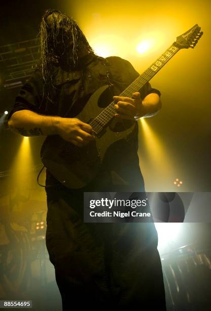 Mick Thomson guitar player of American metal band Slipknot performs on stage at the Cardiff International Arena in Cardiff, Wales on December 05 2008.