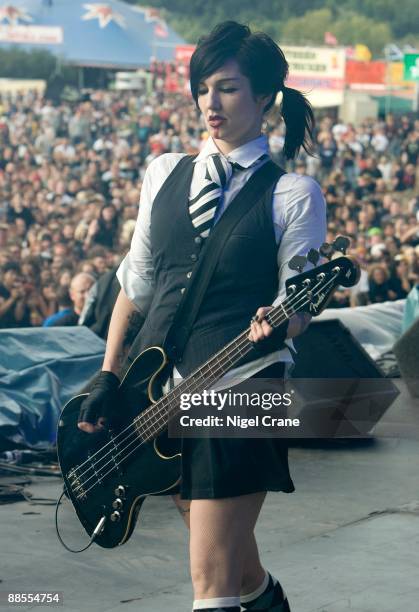 Lyn-Z bass player of American band Mindless Self Indulgence performs on stage at the Reading Festival, England on August 24 2008.