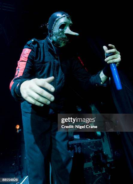 Chris Fehn percussionist of American metal band Slipknot performs on stage at the Cardiff International Arena in Cardiff, Wales on December 05 2008.