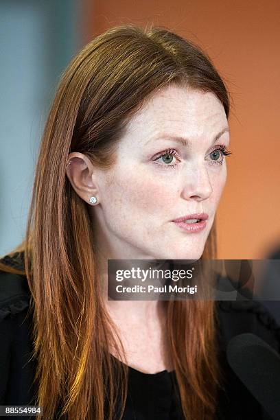 Julianne Moore, Artist Ambassador, Save the Children's U.S. Programs, talks with the press at the "Disaster Decade: Lessons Unlearned For The United...