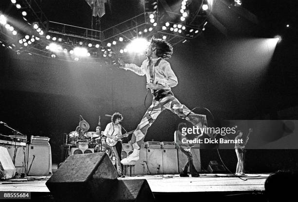 The Rolling Stones perform on stage. Left to right are Charlie Watts, Ron Wood, Mick Jagger, Keith Richards and Bill Wyman at Earls Court, London on...