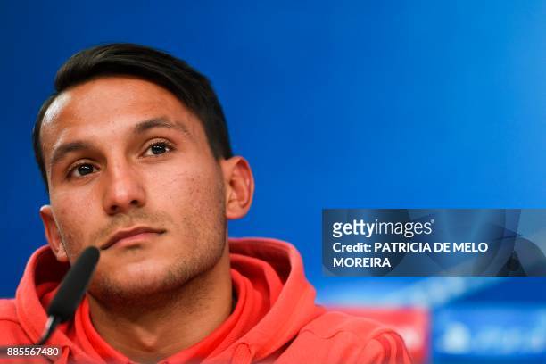 Benfica's midfielder Joao Carvalho gives a press conference at Luz stadium in Lisbon, on December 4 on the eve of the Champions League match, group...