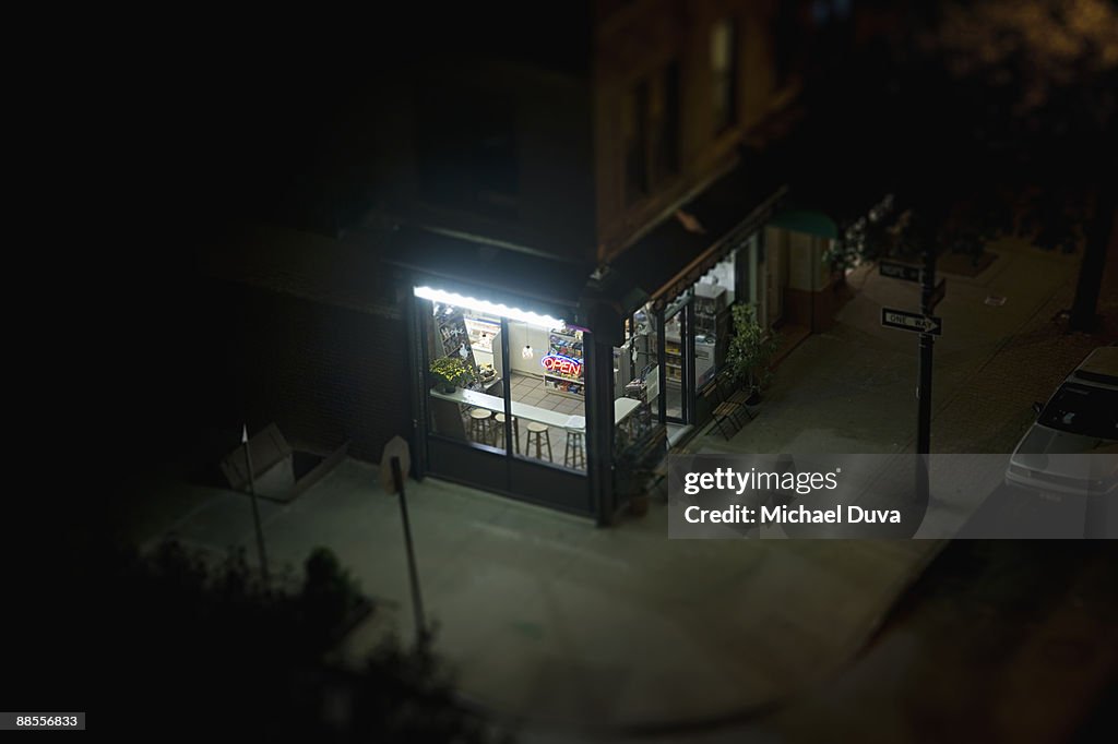 Elevated view of corner deli in urban area