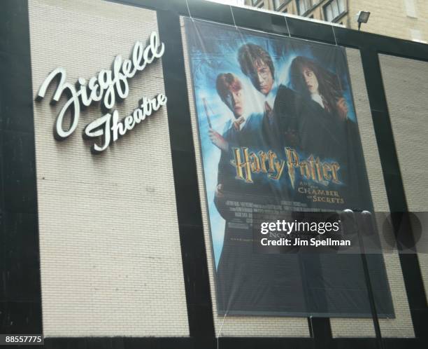 "Harry Potter and the Chamber of Secrets" poster on the side of The Ziegfeld Theatre