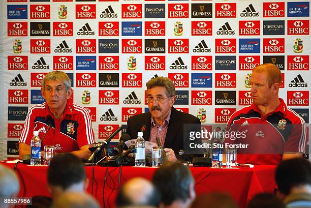 Lions head coach Ian McGeechan tour manager Gerald Davies and captain Paul O' Connell face the media during the announcment of the British and Irish...