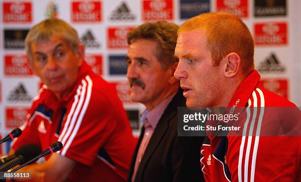 Lions head coach Ian McGeechan , tour manager Gerald Davies and captain Paul O'Connell face the media during the announcment of the British and Irish...