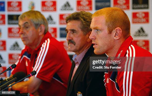 Lions head coach Ian McGeechan tour manager Gerald Davies and captain Paul O' Connell face the media during the announcment of the British and Irish...