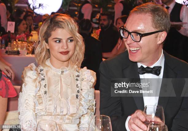 Selena Gomez and Stuart Vevers attend a drinks reception ahead of The Fashion Awards 2017 in partnership with Swarovski at Royal Albert Hall on...