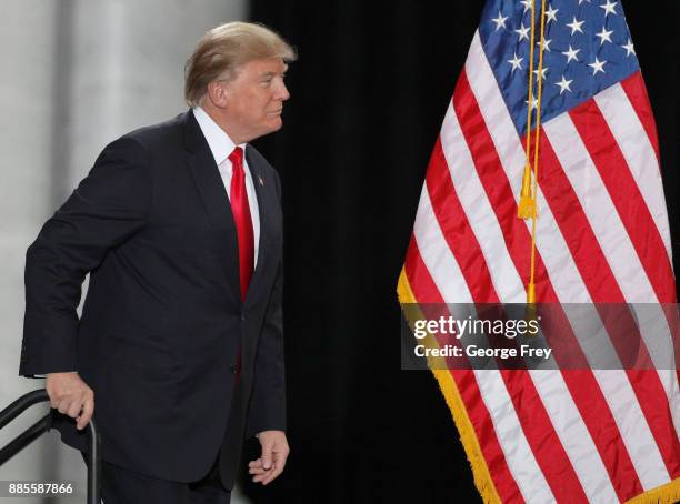 President Donald Trump arrives for a speech at the Rotunda of the Utah State Capitol on December 4, 2017 in Salt Lake City, Utah. Trump announced the...