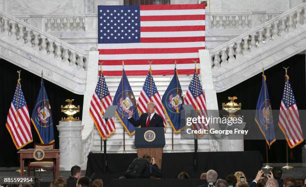 President Donald Trump speaks at the Rotunda of the Utah State Capitol on December 4, 2017 in Salt Lake City, Utah. Trump announced the reduction in...