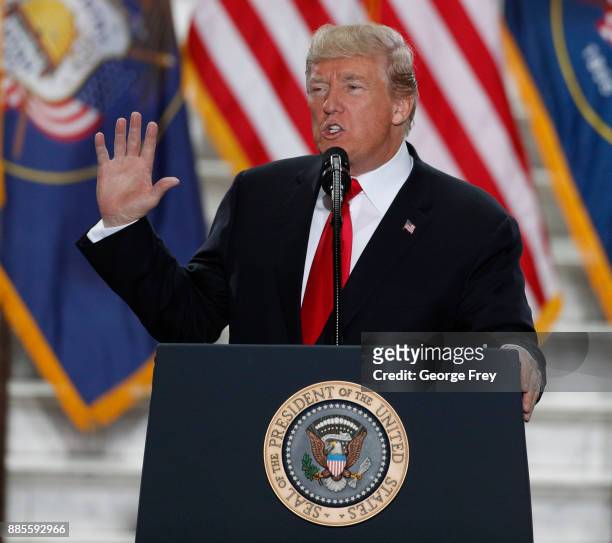 President Donald Trump speaks at the Rotunda of the Utah State Capitol on December 4, 2017 in Salt Lake City, Utah. Trump announced the reduction in...