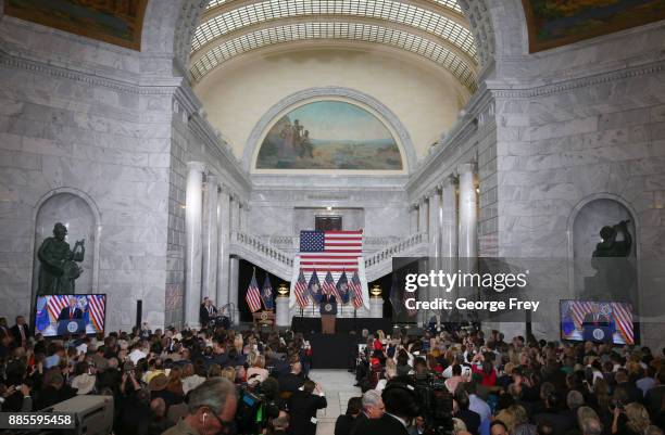 President Donald Trump speaks at the Rotunda of the Utah State Capitol on December 4, 2017 in Salt Lake City, Utah. Trump announced the reduction in...