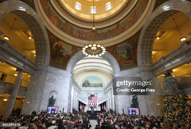 President Donald Trump speaks at the Rotunda of the Utah State Capitol on December 4, 2017 in Salt Lake City, Utah. Trump announced the reduction in...