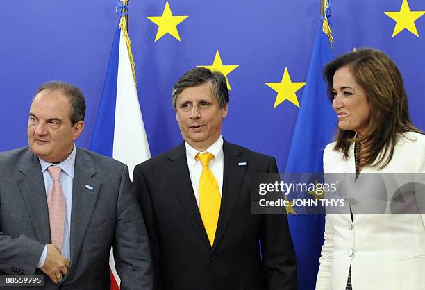 Czech Prime Minister Jan Fischer , welcomes Greek Foreign Minister Theodora Bakoyannis and Greek Prime Minister Costas Karamanlis at an EU summit at...