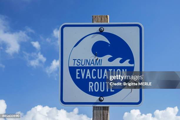usa, california, sonoma county, bodega bay, tsunami evacuation panel - tsunami stock pictures, royalty-free photos & images