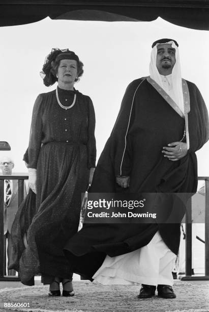British prime minister Margaret Thatcher with King Fahd of Saudi Arabia , circa 1985. Thatcher's husband Denis is at extreme left.