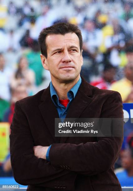 Coach Dunga of Brazil looks on ahead to the FIFA Confederations Cup match between U.S.A. And Brazil at Loftus Versfeld Stadium on June 18, 2009 in...