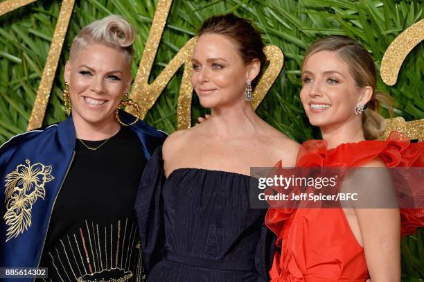 Pink, Stella McCartney and Annabelle Wallis attend The Fashion Awards 2017 in partnership with Swarovski at Royal Albert Hall on December 4, 2017 in...