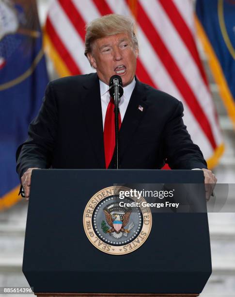 President Donald Trump speaks at the Rotunda of the Utah State Capitol on December 4, 2017 in Salt Lake City, Utah. Trump announced the reduction in...