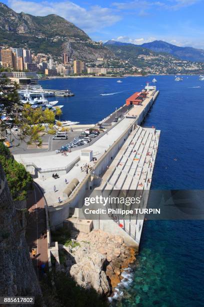 france, french riviera. monte carlo. artificial beach. - monte carlo harbour stock pictures, royalty-free photos & images