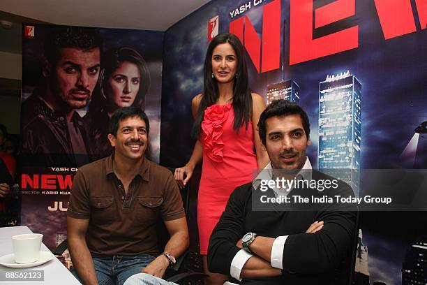 Director Kabir Khan with actor Katrina Kaif and John Abraham during a promotional event for their upcoming movie New York which is slated for June 26...
