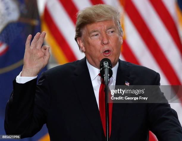 President Donald Trump speaks at the Rotunda of the Utah State Capitol on December 4, 2017 in Salt Lake City, Utah. Trump announced the reduction in...