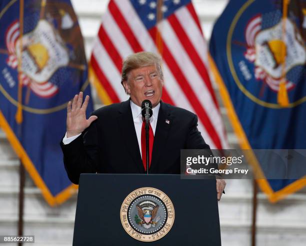 President Donald Trump speaks at the Rotunda of the Utah State Capitol on December 4, 2017 in Salt Lake City, Utah. Trump announced the reduction in...