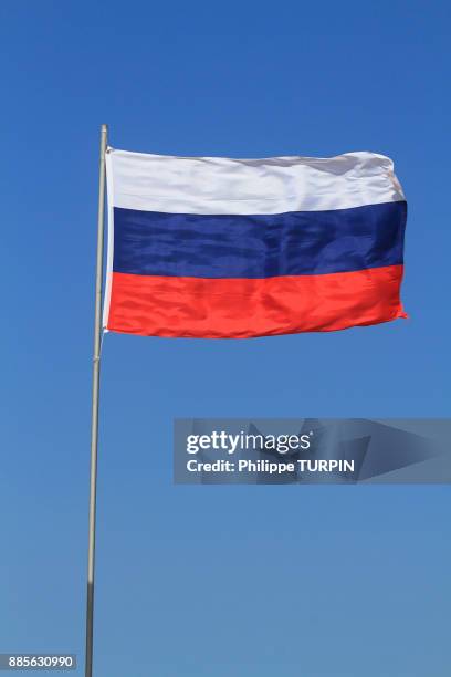 russian flag in blue sky. - russian flag foto e immagini stock