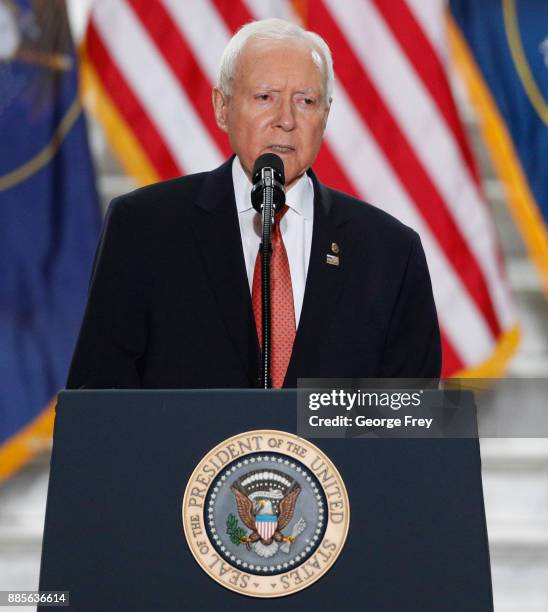Senator Orrin Hatch speaks to the crown before U.S. President Donald Trump arrives at the Rotunda of the Utah State Capitol on December 4, 2017 in...