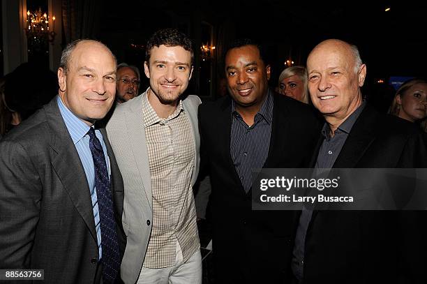 Barry Weiss, Chairman and CEO for RCA/Jive Label Group of Sony Music, Justin Timberlake, Johnny Wright, and record executive Clive Calder attend the...