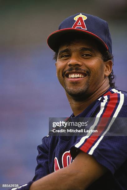 Luis Polonia of the California Angels looks on before a baseball game against the Baltimore Orioles on September 1, 1990 at Memorial Stadium in...