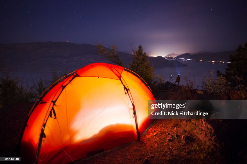 Red tent on Pincushion Mountain above Peachlad, Okanagan Valley, British Columbia, Canada