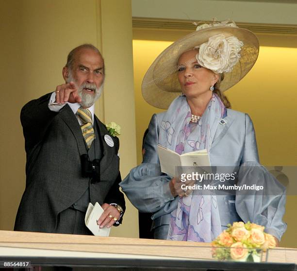 Prince Michael of Kent and HRH Princess Michael of Kent watch the racing from the Royal Box as they attend Ladies Day at Royal Ascot at Ascot...