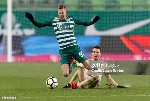 Marko Scepovic of Videoton FC fouls Roland Varga of Ferencvarosi TC during the Hungarian OTP Bank Liga match between Ferencvarosi TC and Videoton FC...
