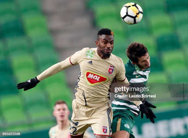 Stefan Spirovski of Ferencvarosi TC battles for the ball in the air with Ianique dos Santos Tavares 'Stopira' #22 of Videoton FC during the Hungarian...