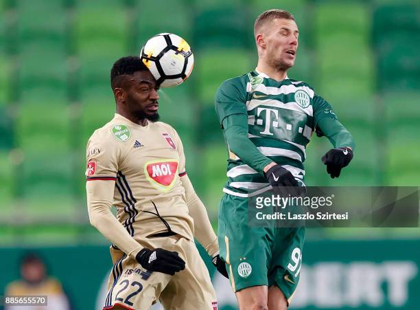 Ianique dos Santos Tavares 'Stopira' #22 of Videoton FC wins the ball in the air from Roland Varga of Ferencvarosi TC during the Hungarian OTP Bank...