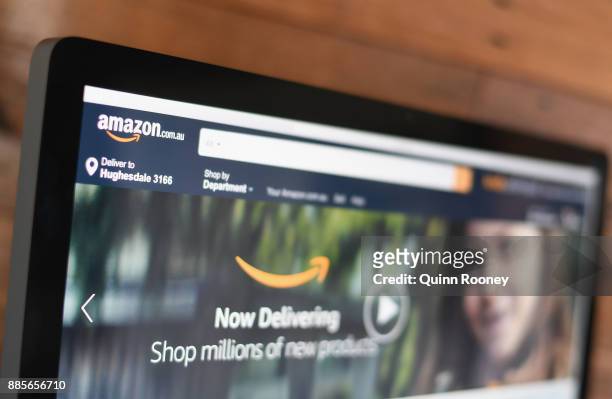 The Amazon website is seen on December 5, 2017 in Dandenong, Australia. Amazon has ended months of speculation by launching its local website...