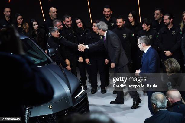 Stefano Domenicali and Paolo Gentiloni attend LAMBORGHINI URUS WORLD PREMIERE on December 4, 2017 in Sant'Agata Bolognese, Italy.