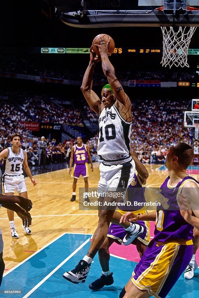 Lakers 1995 Roster Dennis Rodman of the San Antonio Spurs rebounds against the Los... News ...