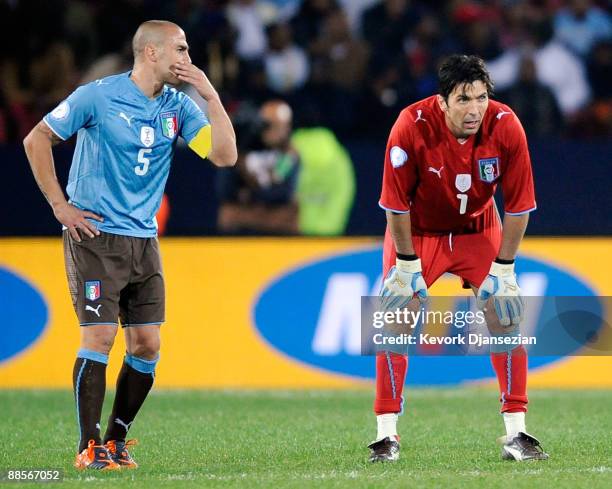Gianluigi Buffon golaie of Italy and defender Fabio Cannavaro react during, 1-0, loss to Egypt during the FIFA Confederations Cup, between Italy and...