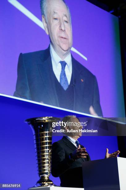 President Jean Todt is pictured during his speech at the FIA Hall of Fame Induction ceremony at Automobile Club De France on December 4, 2017 in...