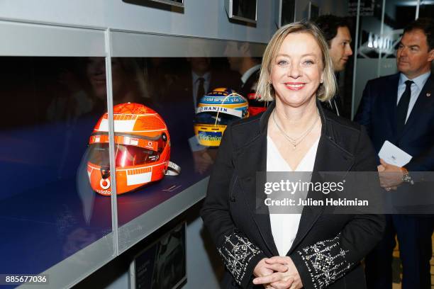 Sabine Kehm, in charge of the Michael Schumacher's family communication is pictured with the Michael Schumacher helmet during the FIA Hall of Fame...
