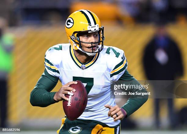 Brett Hundley of the Green Bay Packers in action during the game against the Pittsburgh Steelers at Heinz Field on November 26, 2017 in Pittsburgh,...