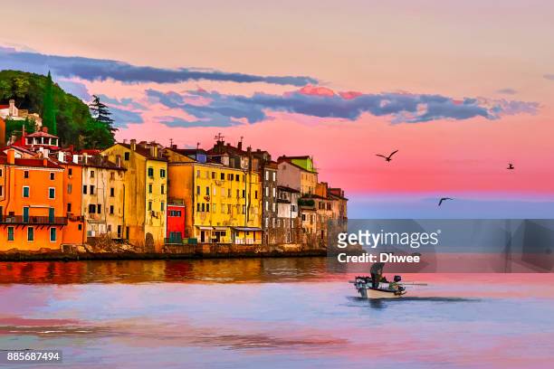 vibrant color of old town rovinj at sunrise in painterly effect - rovinj stock pictures, royalty-free photos & images