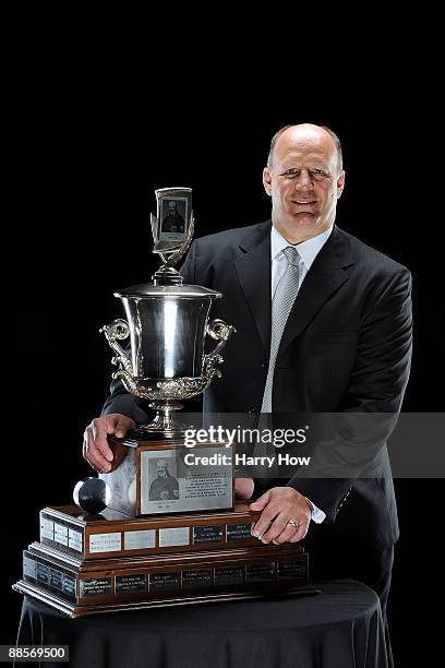 Boston Bruins Head Coach Claude Julien poses with the Jack Adams Award after the 2009 NHL Awards at the Palms Casino Resort on June 18, 2009 in Las...