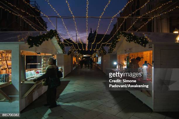 Christmas lights and markets in Campo Santo Stefano are seen during Christmas period on December 4, 2017 in Venice, Italy.