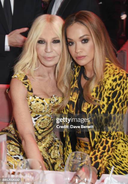 Donatella Versace and Rita Ora attend The Fashion Awards 2017 in partnership with Swarovski after party at Royal Albert Hall on December 4, 2017 in...