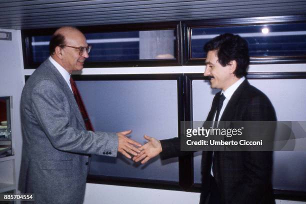 Prime Minister Bettino Craxi at the Italian socialist party congress with Massimo D'Alema, Rimini 1987.