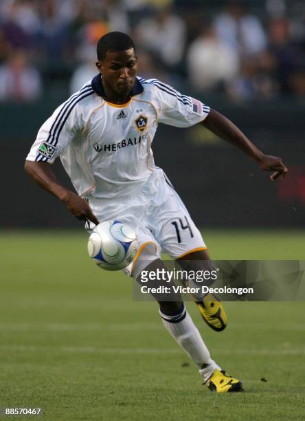 Edson Buddle of the Los Angeles Galaxy looks to control the ball during the MLS match against Real Salt Lake at The Home Depot Center on June 13,...