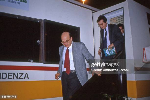 Politician Bettino Craxi meets Walter Veltroni on a camper while they are at the Italian socialist party congress, Rimini 1987.